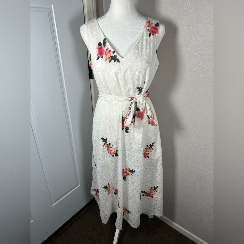 CALVIN KLEIN Floral Embroidered Eyelet White Spring Summer Midi Tie Dress SZ 6